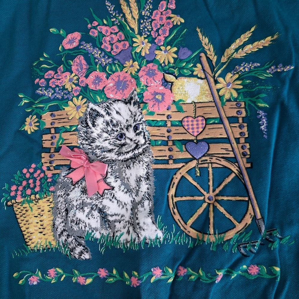 Vtg 90s Floral Cats Grandma Collared Sweatshirt Large L Womens Teal Bow Detail - Picture 10 of 14